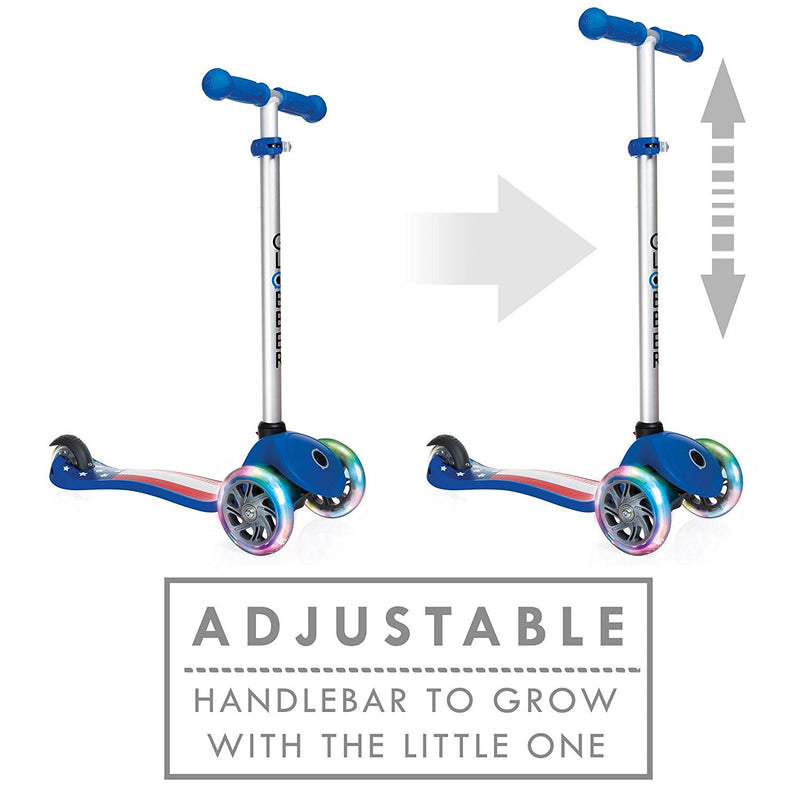 Monopattino a 3 Ruote a LED 3 Altezze Max 50Kg Globber PRIMO Fantasy Lights Up USA Blu