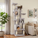 Albero Tiragraffi 60x40x200 cm con Pali in Sisal 2 Cucce 3 Casette e Amaca in Truciolare e Peluche Grigio Chiaro      