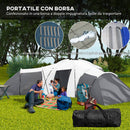 Tenda da Campeggio 6 Posti Impermeabile con 3 Aree Notte Soggiorno e Portico in tessuto Oxford Grigio