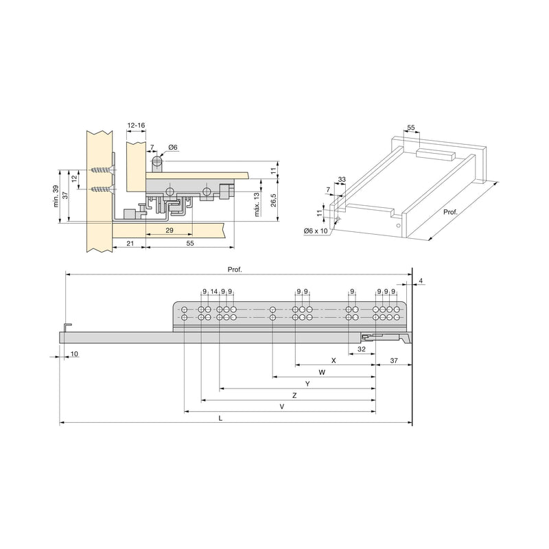 Guide a Scomparsa Slippe per Cassetti ad Estrazione Totale P590 Zincato Emuca