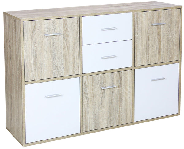 Schrank 5 Türen 2 Schubladen 115 x 30 x 77 cm in weißer Spanplatte und Sonoma online