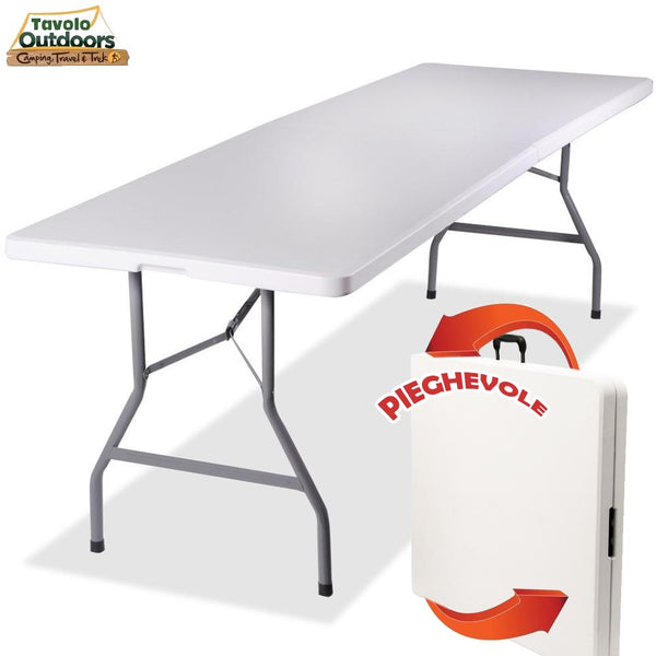 acquista Tavolo Catering Rettangolare Pieghevole 244x76x72cm in Resina e Metallo Bianco