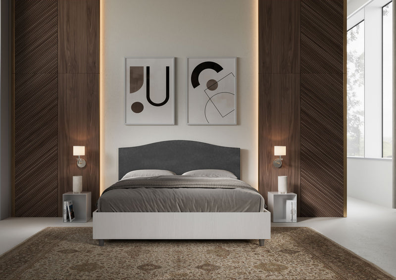 Letto Matrimoniale con Rete e Contenitore Alzata Comoda Struttura Bianco Frassico e Testata in Microfibra Grace Grigio Varie Misure