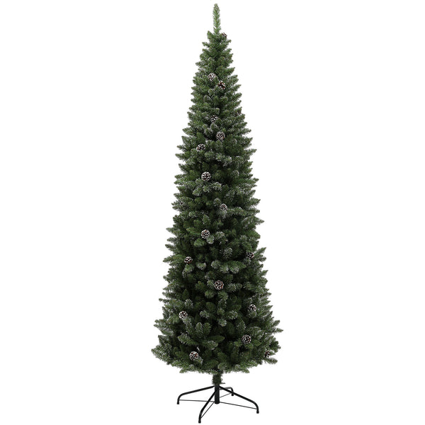 sconto Albero di Natale Innevato Slim Alto 225 cm con 980 Rami Pigne e Base in Acciaio Verde