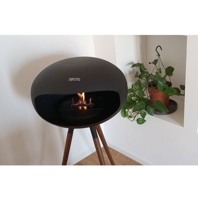 Camino a Bioetanolo da Pavimento Ø50x74 cm SICILY in Stile Nordico in Metallo Nero e Gambe in Legno Rovere