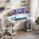 Scrivania per Computer Reversibile 120x50x89,5 cm con Ripiani Prese Elettriche e Luci LED in Truciolare e Acciaio Bianco      