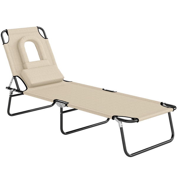 sconto Lettino Prendisole Pieghevole con Foro per il Viso Imbottito e Schienale Reclinabile in Poliestere Beige