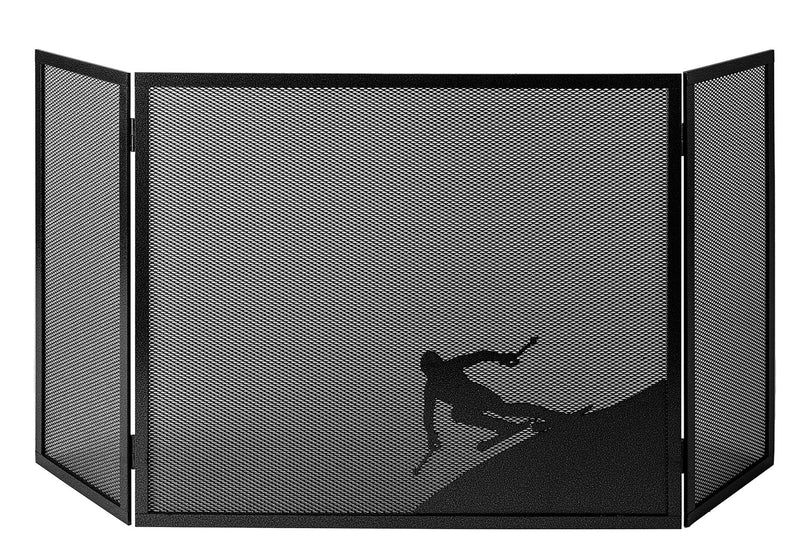 Parascintille per Camino a 3 Ante Design Sciatore 20+60+20x50 cm in Ferro Verniciato Grigio Martellato