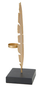 Scultura Foglia con Portacandele Glam 10x10x30 cm in Ferro Oro e Nero