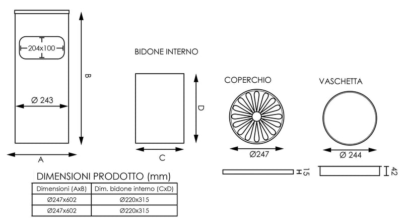 Cestino Gettacarte Posacenere Ø24,7 cm in Metallo Nero Opaco 10L per Interno Esterno
