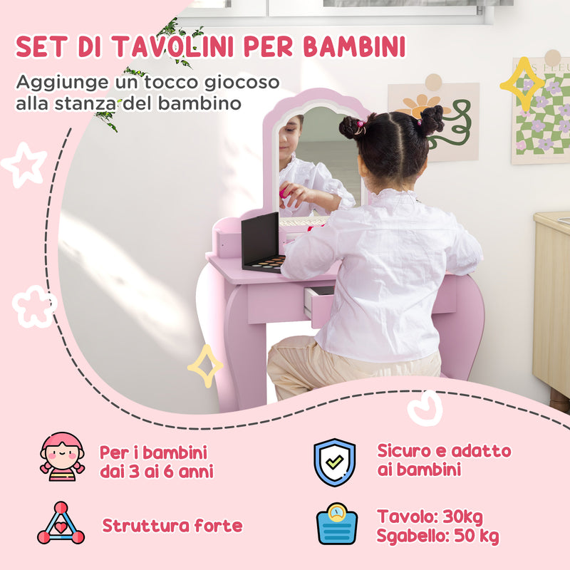 Set Toeletta per Bambina con Specchio in Acrilico e Sgabello Abbinato in Legno Rosa      