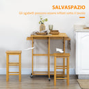Carrello da Cucina 82,5x75,5x83,5 cm con Tavolino Pieghevole e 2 Sgabelli in Legno di Bambù Marrone