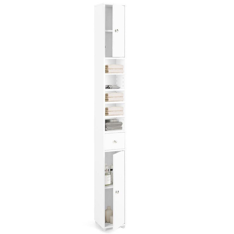 Mobile Bagno a Colonna Slim 20x20x180 cm con 2 Ante 1 Cassetto 5 Ripiani in Legno Bianco      