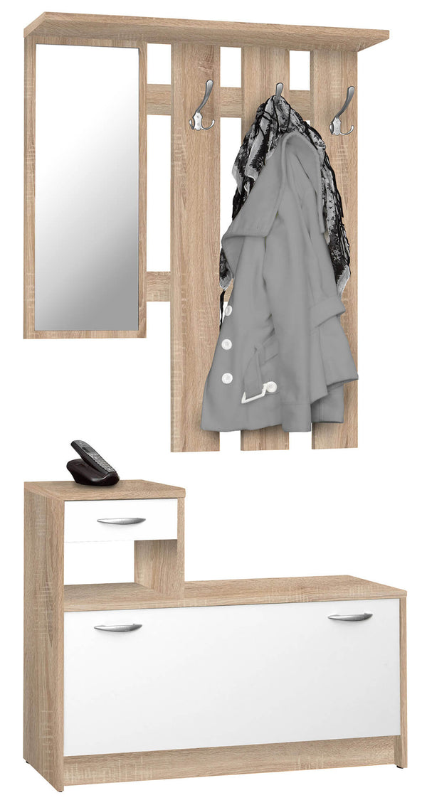 sconto Flurgarderobe mit Spiegel und Schuhablage in Alfred Oak und White Spanboard