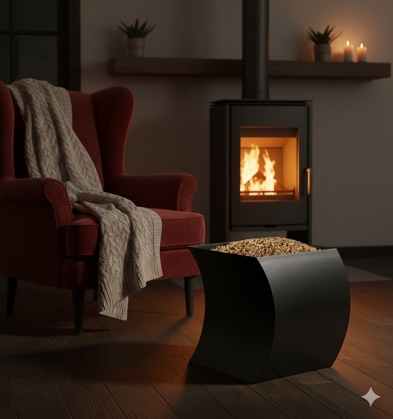 Porta Pellet Curvo 43x63x45 cm in Ferro Verniciato Grigio Martellato