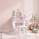 Set Toeletta Trucco Bambina 55x34x87 cm con Sgabello Specchio in Acrilico 2 Scatole Portaoggetti Design Unicorno in MDF Rosa      
