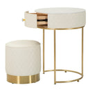 Comodino Toeletta con Puff Sharon Ø52x70 cm - Ø36x39 cm in Pino e MDF e Metallo e Plastica      