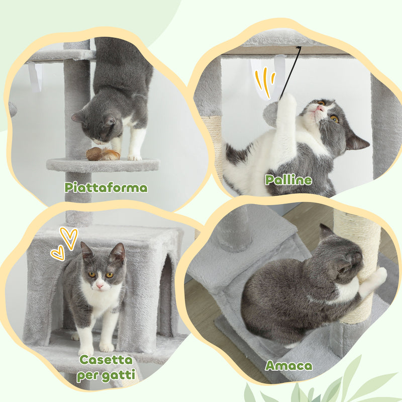 Albero Tiragraffi a Soffitto con Altezza Regolabile 225-255 cm con Casetta e Amaca in Peluche e Sisal Grigio Chiaro      