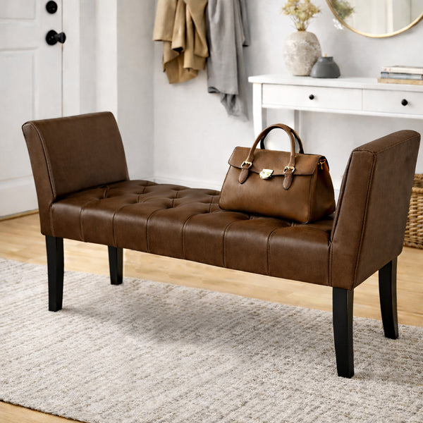 Panca Fondoletto Ingresso 111x40x60 cm con Piedi in Legno e Rivestimento Ecopelle Marrone sconto