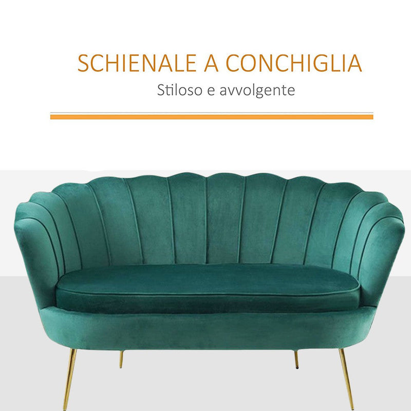 Divano salotto 122x73x78 cm 2 Posti in Velluto Seduta a Conchiglia Lola Verde