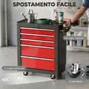 Carrello Porta Attrezzi 68x33x82,5 cm con 5 Cassetti Tappetini in EVA Serratura e 2 Chiavi 4 Ruote Girevoli in Acciaio Nero Rosso      