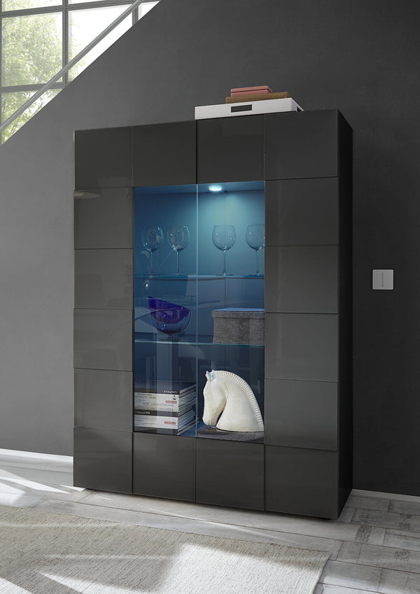 sconto Vitrine Mobiles Wohnzimmer 2 Türen in Melamin 121x42x166cm TFT Checkers Anthrazit