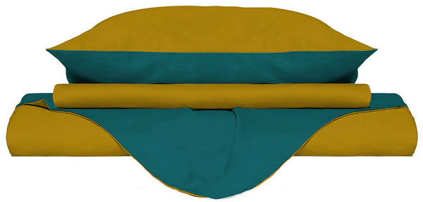 Doubleface-Bettbezug in Ocker/Flaschengrün mit Tasche und Kissenbezügen prezzo