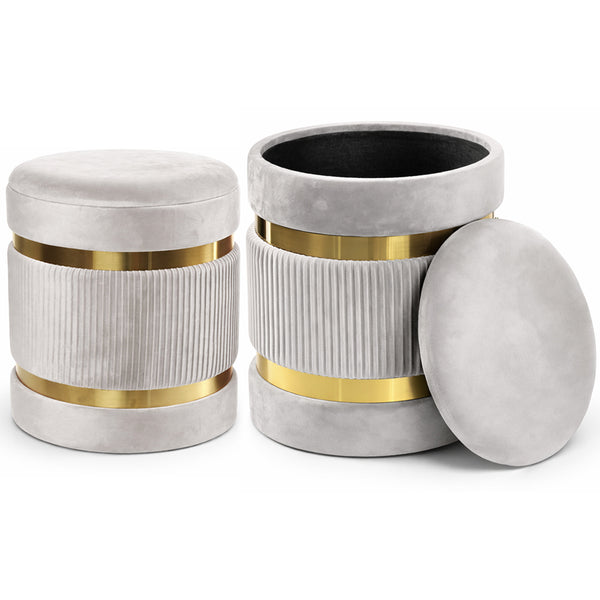 acquista Set 2 Pouf Contenitore Ø 38x44 cm e Ø 31x38 cm con Rivestimento Velluto Avorio