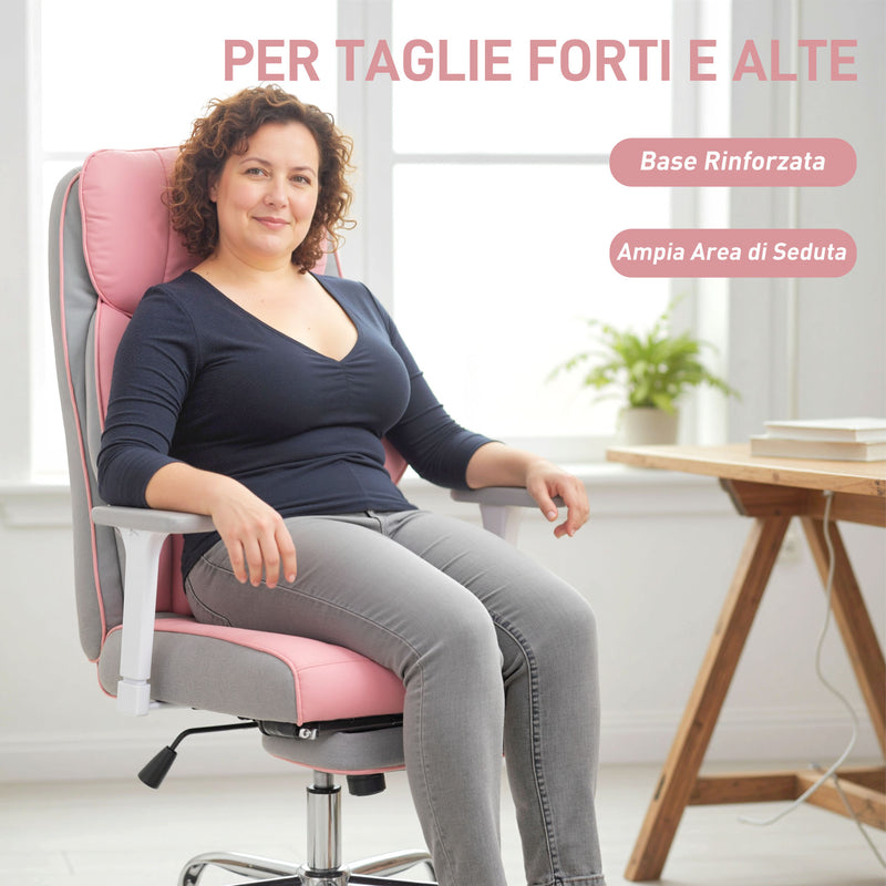 Sedia da Ufficio Ergonomica Rinforzata con Braccioli Regolabili Poggiapiedi e Poggiatesta in PU Rosa      