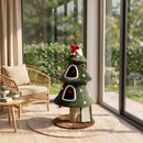 Albero Tiragraffi Natalizio per Gatti 60x60x132 cm con 2 Cucce Scala in Sisal Pali in Juta e Palline Verde      