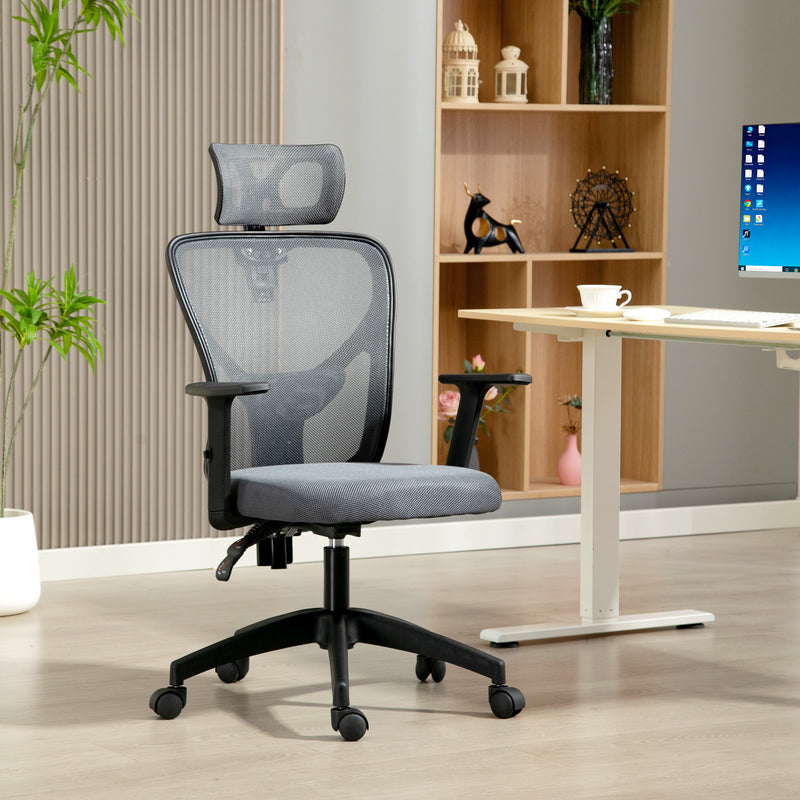 Sedia da Ufficio Ergonomica e Regolabile 66x61x106-116 cm con Supporto Lombare e Poggiatesta in Tessuro a Rete Grigio      