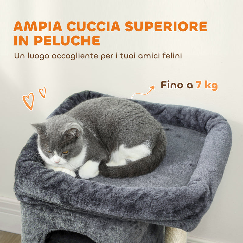 Albero Tiragraffi per Gatti Fino a 7 kg con 2 Casette e Lettino Palo in Sisal e Rivestimento Peluche Grigio Scuro      