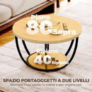 Tavolino da Caffè Rotondo Ø80x43,8 cm con 2 Ripiani e Gambe in Metallo in Truciolare Rovere e Nero      