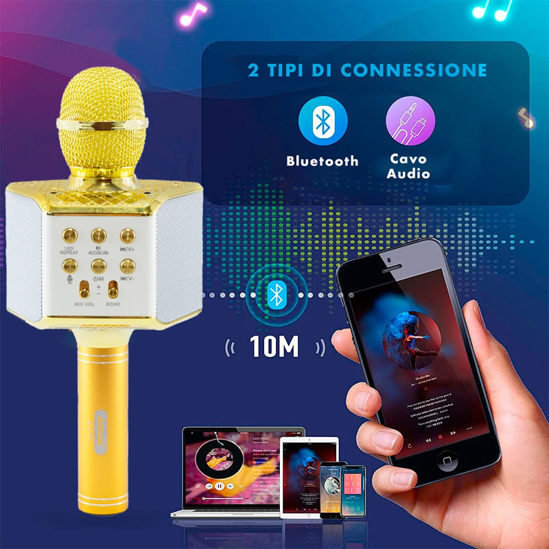Microfono Karaoke Wireless con Luci Led Registra Canta e Riproduce Musica Oro