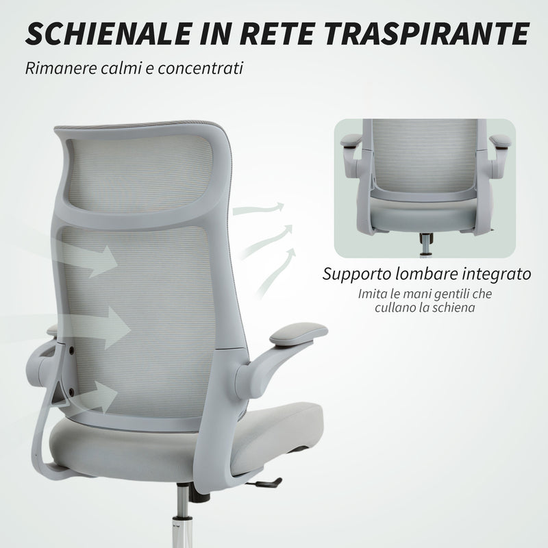 Sedia da Ufficio Ergonomica con Braccioli Regolabili Schienale a Rete e Poggiatesta Grigio      