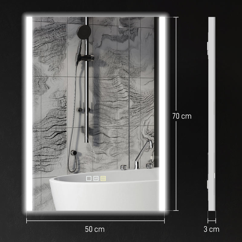 Specchio Bagno da Parete con Luce LED a 3 Colori 70x50x3 cm in Vetro Temperato Argento  