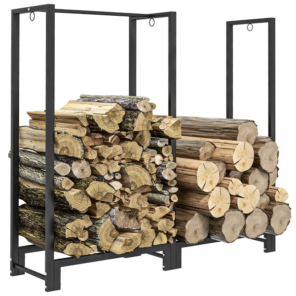 Portalegna per Camino da Esterno a 2 Sezioni 123x32x115 cm con Ganci e Anelli in Acciaio Verniciato Nero sconto