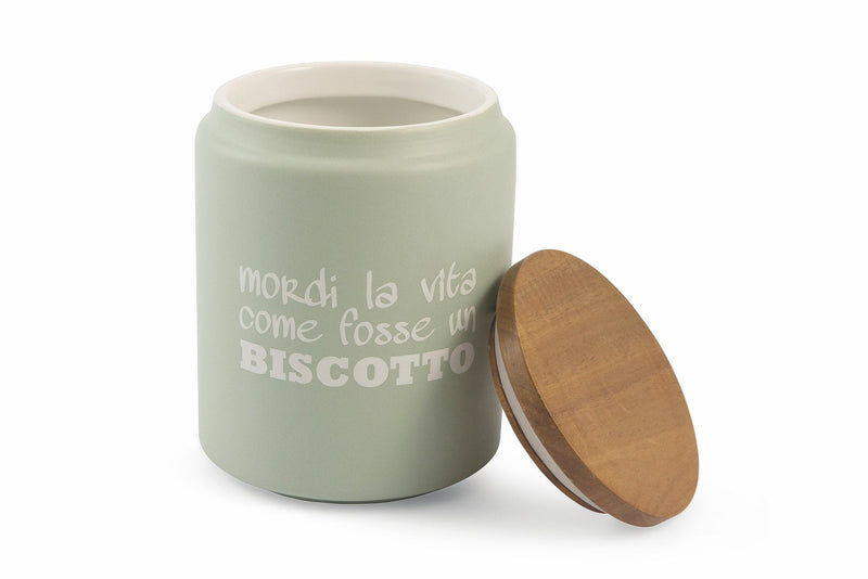 Biscottiera con Scritta Ø14x18 cm in Gres con Coperchio in Bambù VdE Tivoli 1996