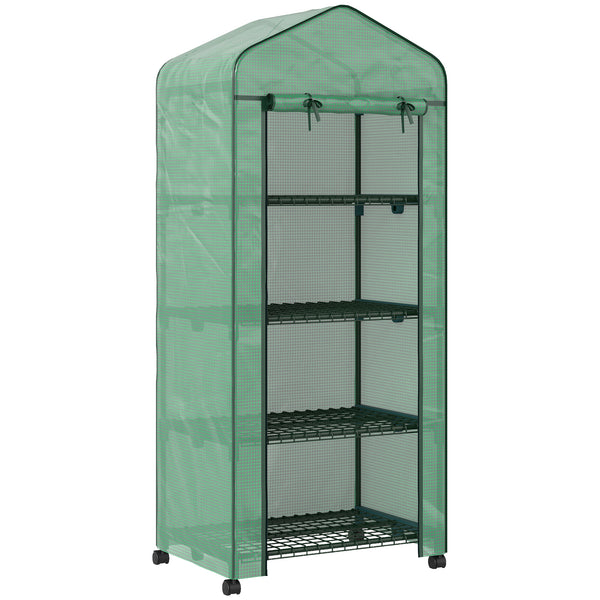 Serra da Balcone a 4 Livelli 69x50x165 cm con 4 Rotelle e Ingresso Avvolgibile in Acciaio e PE Verde sconto