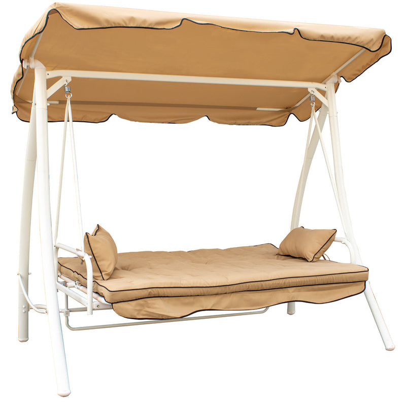 Dondolo Letto 3 Posti da Giardino 199x90x176 cm in Acciaio e Poliestere Beige