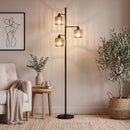 Lampada da Terra 40 W 34x34x164 cm con 3 Lampadine LED E27 Dimmerabili 3 Temperature di Colore e Telecomando in Acciaio e Cristallo Nero      