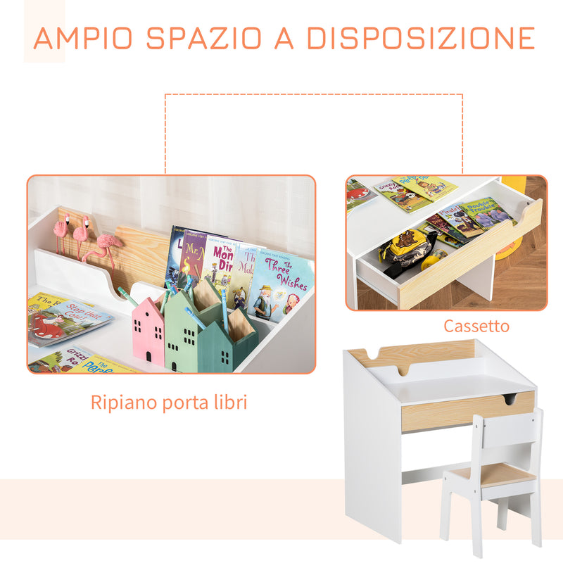 Set Scrivania e Sedia per Bambini con Cassetto e Scaffale in MDF Bianco e Legno      