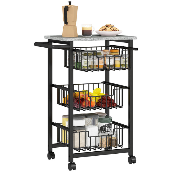Carrello da Cucina 49,5x31x69 cm a 3 Cestelli con Maniglia in Acciaio e Legno Nero e Grigio Chiaro sconto