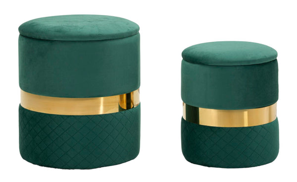 Puff con Contenitore Sheffild Verde Set 2 Pz Ø37x42 cm - Ø28x35 cm in Ferro e MDF e Spugna e Poliestere Verde e Oro prezzo