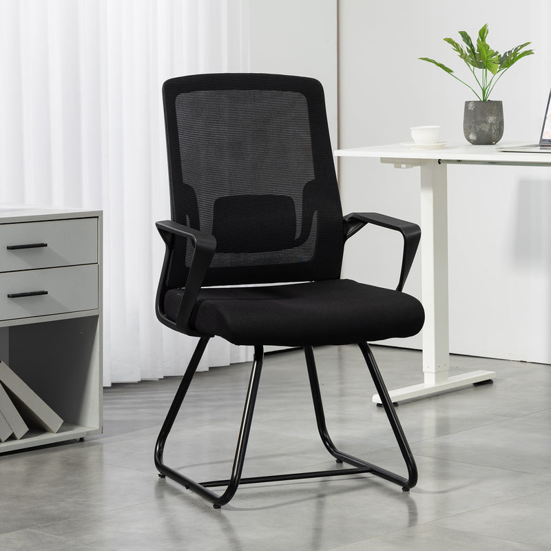 Sedia da Ufficio 57x56x97 cm Senza Ruote Ergonomica con Braccioli Struttura in Acciaio Nero      