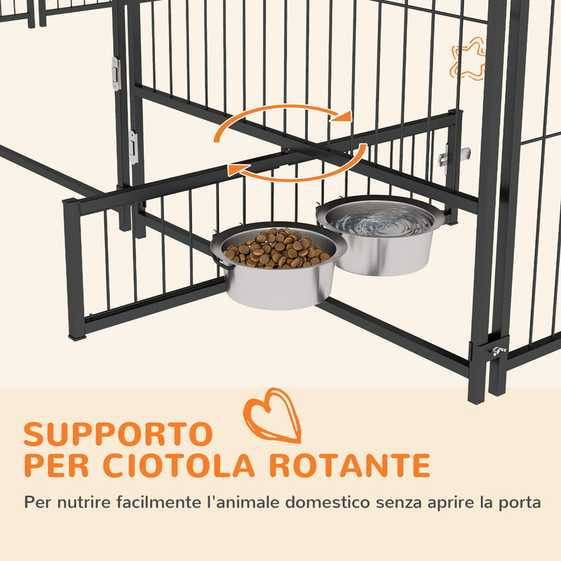 Recinto per Cani con Porticina per Ciotole 211x211x151 cm in Metallo e Tessuto Oxford Nero e Marrone