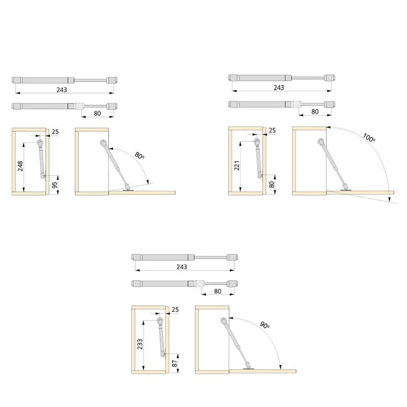 Pistone a Gas per Ante a Ribalta Forza 12 Kg Corsa 80 mm Grigio Metallizzato 10 Pezzi Emuca