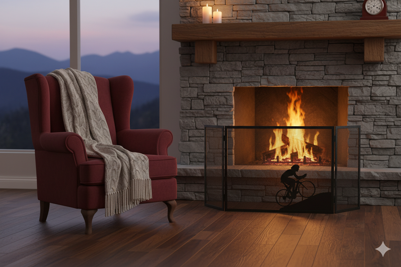 Parascintille per Camino a 3 Ante Design Ciclista 20+60+20x50 cm in Ferro Verniciato Grigio Martellato