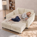 Divano Modulare a U 4 Posti 306x153x85 cm con 2 Pouf Contenitori e 4 Cuscini in Velluto a Coste Bianco Crema      