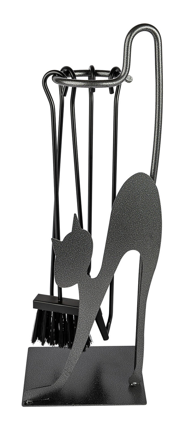 Trespolo per Attrezzi Camino Rettangolare Sagoma Gatto con Paletta Scopino Attizzino e Pinza 28x19x66 cm in Ferro Verniciato